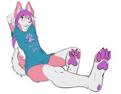  2016 4_toes anthro bottomless breasts canid canine canis clothed clothing domestic_dog feet female foot_focus freckles fur green_eyes hair hands_behind_head hindpaw husky izzie_(mattumby) mammal mattumby nordic_sled_dog pawpads paws pink_body pink_fur purple_hair purple_nose purple_paws reclining simple_background soles solo spitz text toes white_background 