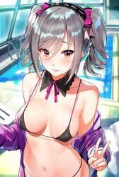  bikini black_bikini blurry blurry_background blush bow breasts commentary depth_of_field detached_collar drill_hair female grey_hair hairband hairbow highres idolmaster idolmaster_cinderella_girls indoors kanzaki_ranko lolita_hairband medium_breasts micro_bikini navel off_shoulder orihi_chihiro parted_lips pool poolside red_eyes rei_no_pool ribbon_trim sidelocks strap_gap string_bikini sweat swimsuit twin_drills v 