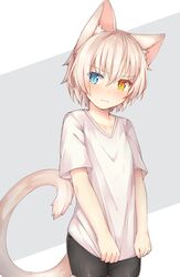  1boy animal_ears bike_shorts blue_eyes blush cat_boy cat_ears cat_tail collarbone commentary_request cowboy_shot eyebrows hair_between_eyes heterochromia kida_kuro_mu looking_at_viewer male_focus original otoko_no_ko shiro_(kida_kuro_mu) shirt shirt_tug short_hair short_sleeves slit_pupils solo t-shirt tail two-tone_background white_hair white_shirt yellow_eyes 