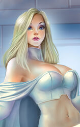  blonde_hair blue_eyes breasts cape cleavage commentary didi_esmeralda emma_frost english_commentary female large_breasts lips lipstick long_hair looking_at_viewer makeup marvel midriff navel nose photoshop_(medium) solo upper_body x-men 