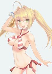  :d ahoge arm_up bad_id bad_pixiv_id bare_arms bare_shoulders bikini blonde_hair bracelet breasts collarbone cowboy_shot criss-cross_halter fate/grand_order fate_(series) female gale_kawaii green_eyes groin hair_between_eyes hair_intakes halterneck jewelry legs_apart long_hair looking_at_viewer medium_breasts navel nero_claudius_(fate) nero_claudius_(swimsuit_caster)_(fate) open_mouth scrunchie side-tie_bikini_bottom smile solo stomach striped_bikini striped_clothes swimsuit twintails white_scrunchie wrist_scrunchie 