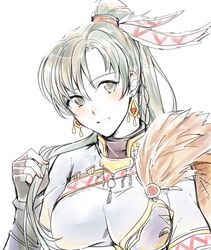  blush breasts commentary_request dress female fire_emblem fire_emblem:_the_blazing_blade fire_emblem_heroes gloves green_eyes green_hair high_ponytail long_hair looking_at_viewer lyn_(brave_lady)_(fire_emblem) lyn_(fire_emblem) medium_breasts ponytail smile solo sou_mei very_long_hair weapon 