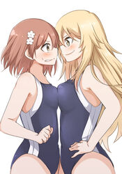  2girls asymmetrical_docking blonde_hair blue_one-piece_swimsuit blush body_blush breast_contest breast_envy breast_press breasts brown_hair commentary_request competition_swimsuit eye_contact face-to-face hair_between_eyes hair_ornament hairclip hand_on_own_hip large_breasts long_hair looking_at_another medium_breasts misaka_mikoto mukunoki_nanatsu multicolored_clothes multicolored_swimsuit multiple_girls one-piece_swimsuit print_swimsuit shokuhou_misaki sideways_mouth star-shaped_pupils star_(symbol) swimsuit symbol-shaped_pupils toaru_kagaku_no_railgun toaru_majutsu_no_index tokiwadai_school_swimsuit 