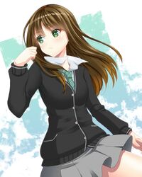  bad_id bad_pixiv_id blush brown_hair cardigan cloud commentary_request crow_(crowatelier) female green_eyes idolmaster idolmaster_cinderella_girls long_hair looking_away necktie school_uniform shibuya_rin skirt solo wind 