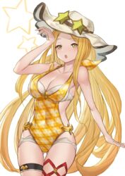  :o arm_at_side arm_up armpit_peek ass_visible_through_thighs bad_id bad_pixiv_id bare_shoulders blonde_hair blush breasts casual_one-piece_swimsuit cleavage collarbone covered_navel cowboy_shot diola_(granblue_fantasy) eyewear_on_head female granblue_fantasy green_eyes hat long_hair looking_at_viewer looking_away medium_breasts one-piece_swimsuit open_mouth parted_bangs plaid plaid_swimsuit reido_(reido_c) simple_background solo standing sunglasses swimsuit thigh_gap thigh_strap white_background white_hat yellow_one-piece_swimsuit 