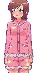  blush brown_hair female female futsuu_no_joshikousei_ga_locodol_yattemita open_mouth pajamas purple_eyes short_hair smile solo usami_nanako waving white_background 