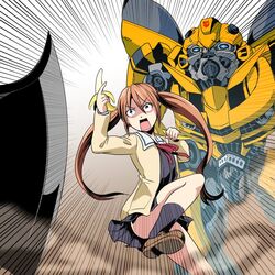  1boy aho_girl autobot banana blue_eyes brown_eyes brown_hair bumblebee_(transformers) commentary_request crossover emphasis_lines female food fruit hair_ornament hairclip hanabatake_yoshiko insignia kamizono_(spookyhouse) long_hair machine machinery mecha open_mouth rectangular_mouth robot school_uniform simple_background skirt standing sword thighhighs transformers transformers_(2007_film) transformers_(live_action) twintails weapon 