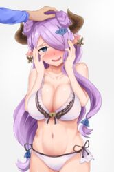  bikini blue_eyes breasts commentary_request double_bun draph earrings female granblue_fantasy grey_background hair_bun hair_over_one_eye headpat heart heart-shaped_pupils highres horns jewelry large_breasts narmaya_(granblue_fantasy) narmaya_(summer)_(granblue_fantasy) navel official_alternate_costume oumi_(rsag) out_of_frame pointy_ears purple_hair simple_background smile solo_focus swimsuit symbol-shaped_pupils white_bikini 