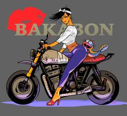  bakabon&#039;s_father black_hair closed_mouth commentary_request female genderswap_(mtf) grey_background haramaki headband high_heels lipstick looking_at_viewer makeup matahei motor_vehicle motorcycle on_motorcycle riding rule_63 shin&#039;ya!_tensai_bakabon simple_background smile tensai_bakabon unagi_inu 