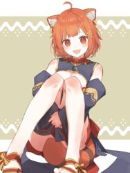  :d absurdres ahoge animal_ears bare_shoulders breasts cleavage cleavage_cutout clothing_cutout detached_sleeves female hair_ornament hairclip highres long_sleeves nijisanji oerba_yun_fang open_mouth ratna_petit ratna_petit_(2nd_costume) rb2 red_eyes red_hair short_hair sitting smile solo tail tareme virtual_youtuber 