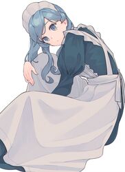  alternate_costume apron black_dress blue_eyes blue_hair closed_mouth commentary_request dress enmaided female gotland_(kancolle) highres hugging_own_legs ichiroku_(sakumogu-029) kantai_collection long_hair long_sleeves maid maid_headdress sidelocks simple_background solo white_apron white_background 