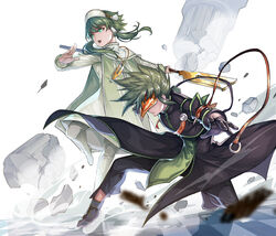  2boys absurdres black_coat black_footwear black_gloves black_pants boots cape checkered_floor closed_mouth coat covered_eyes debris dutch_angle fighting_stance frown full_body gloves green_eyes green_hair hair_tubes hairband highres holding holding_staff holding_weapon ion_(tales) jewelry katsutake long_hair long_sleeves looking_away looking_to_the_side male_focus mask motion_blur multiple_boys necklace o-ring on_one_knee open_hand open_mouth outstretched_arms pants pendant photoshop_(medium) pillar profile robe rubble short_hair_with_long_locks sidelocks simple_background spiked_hair spread_arms staff standing standing_on_one_leg sync_(tales) tales_of_(series) tales_of_the_abyss turtleneck weapon white_background white_footwear white_robe 