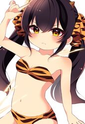  animal_print bikini black_hair blush breasts cleavage collarbone commentary dot_nose electricity fangs female hair_between_eyes hair_ribbon hand_up highres horns idolmaster idolmaster_cinderella_girls index_finger_raised lightning_bolt_symbol long_hair looking_at_viewer maju_risa matoba_risa navel oni_horns ribbon serious sidelocks skin_fangs small_breasts solo stomach swimsuit symbol-only_commentary tiger_print twintails v-shaped_eyebrows white_background yellow_bikini yellow_eyes yellow_ribbon 