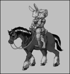  anthro armor bec_the_rabbit black_border boots border breastplate bridle canid canine canis clothing digital_media_(artwork) domestic_dog duo equid equine female feral footwear grey_background greyscale hi_res horse hug hugging_another hugging_from_behind husky hybrid jaclyn_(revertigo) lagomorph landsknecht leporid male mammal monochrome mount nervous nordic_sled_dog rabbit reins revertigo riding saddle shaded signature simple_background sitting smile spitz tack wolf wolfdog 