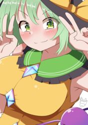  absurdres alternate_breast_size breasts closed_mouth commentary double_v female frilled_shirt_collar frills green_eyes green_hair hat highres komeiji_koishi large_breasts looking_at_viewer polyhedron2 short_hair simple_background sleeveless smile solo third_eye touhou upper_body v v-shaped_eyebrows white_background 