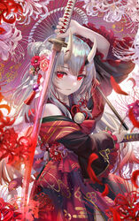  arm_up commentary_request cowboy_shot egasumi female fighting_stance floral_print flower flower_knot frilled_sleeves frills fuchi_(hilt) gradient_hair grey_hair habaki hair_bun hair_flower hair_ornament hand_on_hilt highres holding holding_sword holding_weapon hololive horns japanese_clothes katana kimono kouhaku_nawa long_hair long_sleeves looking_at_viewer menuki multicolored_hair nakiri_ayame nakiri_ayame_(1st_costume) oil-paper_umbrella parted_lips ready_to_draw red_eyes red_flower red_hair red_kimono rope shimenawa shippou_(pattern) single_hair_bun skin-covered_horns solo spider_lily spider_lily_print streaked_hair sword tassel torino_aqua tsuba_(guard) tsuka-ito tsuka_(handle) umbrella virtual_youtuber weapon white_flower white_spider_lily wide_sleeves 