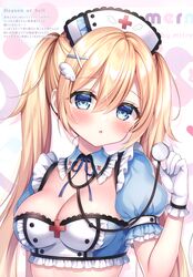  :o absurdres blonde_hair blue_eyes blue_shirt breasts cleavage crop_top detached_collar female frilled_shirt frills gloves hair_between_eyes hair_ornament hairclip hand_up hat highres holding long_hair looking_at_viewer medium_breasts mitsuba_choco nurse_cap original parted_lips scan shirt short_sleeves solo stethoscope tenshi-chan_(mitsuba_choco) twintails upper_body white_gloves wing_collar 