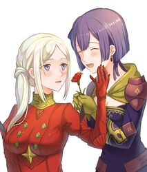  2girls :d ^_^ bernadetta_von_varley blush breasts carnation cleavage closed_eyes commentary dress earrings edelgard_von_hresvelg fire_emblem fire_emblem:_three_houses flower fukuroumori giving giving_flower gloves hand_on_another&#039;s_cheek hand_on_another&#039;s_face highres holding holding_flower jewelry long_hair long_sleeves multiple_girls open_mouth parted_lips purple_eyes purple_hair red_carnation red_flower side_ponytail simple_background smile upper_body white_background white_hair yellow_gloves yuri 