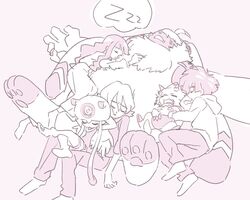  5:4 angoramon anthro bandai_namco clothing cozy_ashfilm cuddling digimon digimon_(species) digimon_ghost_game female gammamon group hiro_amanokawa hoodie human humanoid kiyoshiro_higashimitarai lagomorph leporid long_ears male mammal pawpads rabbit ruri_tsukiyono sleeping sound_effects tentacle topwear vowelless vowelless_sound_effect zzz 