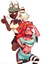  2020 absurd_res ahoge anthro bf_109_(hideki_kaneda) breasts brown_body brown_eyes brown_fur canid canine canis clothed clothing domestic_dog duo eyewear female fur gesture glasses hair hand_gesture hat headgear headwear hi_res mammal midriff navel peace_symbol pingpenne pink_body pink_fur red_hair simple_background smile spitfire_(hideki_kaneda) text thumbs_up white_background 