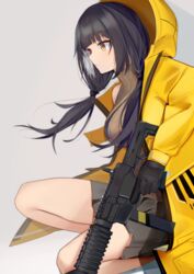  absurdres black_gloves black_hair breasts brown_sweater_vest colt_9mm_smg female girls&#039;_frontline gloves gun heterochromia highres holding holding_gun holding_weapon hood hood_up hooded_jacket jacket kotoha_(kotoha65) large_breasts long_hair long_sleeves low_twintails multicolored_hair red_eyes ro635_(girls&#039;_frontline) solo streaked_hair submachine_gun sweater_vest twintails weapon white_hair yellow_eyes yellow_jacket 