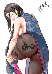  absurdres ass back bare_shoulders black_panties blue_dress blush braid braided_ponytail breasts brown_hair brown_pantyhose china_dress chinese_clothes dated dress earrings fate/grand_order fate_(series) female glasses high_heels highres jewelry large_breasts long_hair looking_back multiple_earrings panties panties_under_pantyhose pantyhose pelvic_curtain red_eyes shiki_(love-saber) signature simple_background single_braid solo underwear very_long_hair white_background yu_mei-ren_(fate) yu_mei-ren_(spare_the_idle_talk)_(fate) 