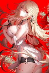  artist_name bare_shoulders black_ribbon blonde_hair breasts cowboy_shot demon_girl demon_wings female fingernails from_side hair_ribbon highres large_breasts looking_at_viewer nail_polish original parted_lips pointy_ears red_background red_nails red_theme red_wings ribbon sencha_(senchat) sidelocks simple_background sleeveless solo thighs wings 