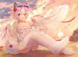  :3 :d animal_ears bare_arms bare_shoulders beach blush braid breasts brown_eyes casual_one-piece_swimsuit cloud cloudy_sky collarbone commentary_request eyewear_on_head female flower full_body gyozanuko hair_between_eyes hair_flower hair_ornament highres holding looking_at_viewer lovey_(pride_of_eden) medium_breasts no_shoes one-piece_swimsuit open_mouth outdoors red:_pride_of_eden red_flower sand sitting sky smile soles solo sunglasses sunset swimsuit tail thighhighs transparent twin_braids white_hair white_one-piece_swimsuit white_thighhighs 