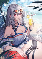  ahoge arknights beach black_choker black_shorts blue_sky bow breasts choker cleavage cloud cloudy_sky commentary coyucom criss-cross_halter cropped_shirt cup day drink drinking_glass drinking_straw expressionless eyewear_on_head female food fruit grey_hair groin hair_between_eyes halterneck holding holding_drink large_breasts lemon lemon_slice long_hair looking_at_viewer midriff navel ocean off-shoulder_shirt off_shoulder official_alternate_costume outdoors polka_dot polka_dot_bow red_eyes shirt short_shorts shorts sitting skadi_(arknights) skadi_(waverider)_(arknights) sky solo straight_hair sunglasses thigh_strap thighs tinted_eyewear very_long_hair white_shirt wine_glass 