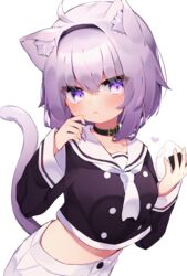  ahoge animal_ears black_collar black_hairband black_serafuku cat_ears cat_girl cat_tail collar commentary_request eringikinono female food hairband hand_up highres holding holding_food hololive long_sleeves midriff neckerchief nekomata_okayu nekomata_okayu_(casual) official_alternate_costume onigiri purple_eyes purple_hair rice sailor_collar school_uniform serafuku short_hair simple_background solo tail tail_raised virtual_youtuber white_background white_neckerchief white_sailor_collar 