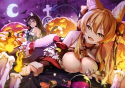  2girls animal_ear_fluff animal_ears bare_shoulders bat_(animal) blush breasts brown_hair candle candle_wax cat_ears cat_tail cleavage clenched_hands closed_mouth crescent_moon cross demon_girl detached_sleeves fire fur-trimmed_legwear fur-trimmed_sleeves fur_trim hair_between_eyes hair_ornament halloween jack-o&#039;-lantern jewelry large_breasts locket long_hair looking_at_viewer lying moon multiple_girls oerba_yun_fang on_stomach open_mouth orange_eyes orange_hair original outdoors paw_pose pendant potion pumpkin purple_sky skin_fang sky smile tail thigh_strap thighhighs tombstone twintails yellow_eyes zelitto 