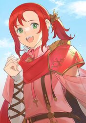  arrow_(projectile) belt blue_sky cloud commentary day earrings female fire_emblem fire_emblem:_mystery_of_the_emblem green_eyes hair_ornament highres jewelry kyufe long_sleeves norne_(fire_emblem) open_mouth red_hair red_scarf scarf sky solo upper_body 