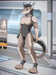  2019 3:4 absurd_res android anthro biped claws conditional_dnp cyber_(disambiguation) cybernetics cyborg detailed_background digital_media_(artwork) feet female hair hi_res hybrid krazykurt latex machine male model_sheet muscular muscular_anthro nude robot solo standing synthetic toes 