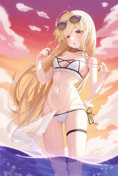  :o absurdres ahoge bikini black_choker blonde_hair blush breasts choker cleavage cloud commission covered_nipples cowboy_shot cross-laced_clothes eyewear_on_head female frilled_bikini frills hands_up highres holding ju-ok korean_commentary long_hair looking_at_viewer medium_breasts navel open_mouth orange_sky original outdoors partially_underwater_shot see-through see-through_skirt side-tie_bikini_bottom side-tie_skirt skindentation skirt sky solo stomach string_bikini swept_bangs swimsuit thigh_strap thighs tinted_eyewear untied_bikini wading water wet white_bikini yellow_eyes 