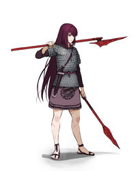  alternate_costume celtic fate/grand_order fate_(series) female full_body glaive_(polearm) highres jason_kim long_hair polearm red_eyes red_hair sandals scar scathach_(fate) simple_background solo spear toeless_footwear weapon white_background 