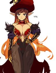  bare_shoulders breasts cleavage detached_collar dungeon_and_fighter female firstw1 gradient_hair hand_on_own_hip hat korean_text large_breasts long_sleeves looking_at_viewer mature_female multicolored_hair pantyhose pointy_ears simple_background solo thick_thighs thighhighs thighs transcendent_nornil white_background witch witch_hat 