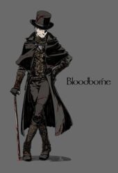  1boy absurdres black_capelet black_coat black_hat blood blood_on_clothes bloodborne boots brown_footwear brown_gloves brown_pants cane capelet coat commentary_request copyright_name crossed_legs facial_hair gloves goatee grey_background hat highres hunter_(bloodborne) kamezaemon knee_boots looking_at_viewer male_focus pants simple_background smile solo standing threaded_cane top_hat watson_cross 