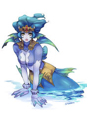  blue_skin breasts chrono_cross cleavage closed_mouth colored_skin earrings female irenes_(chrono_cross) jewelry long_hair looking_at_viewer mermaid monster_girl solo teko_(tawake) yellow_eyes 