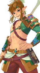  1boy artist_name blonde_hair blue_eyes brown_hair collarbone cowboy_shot desert_voe_set_(zelda) earrings fangs hand_on_own_hip highres holding holding_weapon hoop_earrings ivy_(sena0119) jewelry link looking_at_viewer male_focus medium_hair navel official_alternate_costume open_mouth pants pointy_ears polearm sheikah_slate simple_background smile solo spear stomach the_legend_of_zelda the_legend_of_zelda:_breath_of_the_wild toned toned_male weapon white_background 