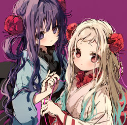  2girls :o akane_aoi blue_hair blue_kimono blush closed_mouth flower gradient_hair hair_flower hair_ornament hair_rings japanese_clothes jibaku_shounen_hanako-kun kimono light_brown_hair long_hair long_sleeves md5_mismatch multicolored_hair multiple_girls parted_lips piyokichi purple_background purple_eyes purple_hair red_eyes red_flower ribbon-trimmed_sleeves ribbon_trim simple_background very_long_hair white_kimono wide_sleeves yashiro_nene 