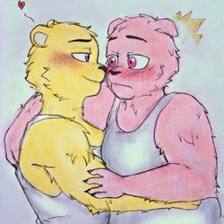  1:1 2023 anthro bear blush clothing coco_(unicorn_wars) duo fur gordi_(unicorn_wars) heart_symbol hug kowimarch male mammal pink_body pink_eyes pink_fur shirt slightly_chubby topwear unicorn_wars yellow_body yellow_fur 