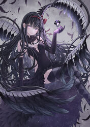  absurdres akemi_homura akuma_homura argyle_clothes argyle_legwear bare_shoulders black_dress black_feathers black_gloves black_hair black_thighhighs black_wings bow breasts commentary crown demon_girl detached_collar dress elbow_gloves falling_feathers feather-trimmed_dress feathers female gloves grey_sky hairband hairbow highres long_hair looking_at_viewer low_wings mahou_shoujo_madoka_magica mahou_shoujo_madoka_magica:_hangyaku_no_monogatari mini_crown purple_eyes red_bow red_hairband riri_(ririwaldorf) sky small_breasts solo symbol-only_commentary thighhighs very_long_hair wings 