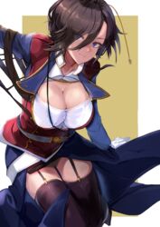  absurdres ark_royal_(azur_lane) azur_lane belt black_hair black_skin black_thighhighs blue_belt blue_eyes blue_sleeves breasts cleavage cleavage_cutout closed_mouth clothing_cutout colored_skin commentary_request cowboy_shot eyes_visible_through_hair female gloves hair_between_eyes hair_ornament hair_over_one_eye highres jacket large_breasts long_sleeves looking_at_viewer miniskirt red_jacket sankyo_(821-scoville) shirt short_hair sidelocks skindentation skirt smile solo standing thighhighs waistcoat white_gloves white_shirt yellow_background zettai_ryouiki 