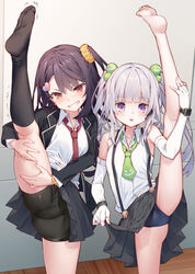  2girls :d akizuki_kei asymmetrical_bangs bare_shoulders barefoot bike_shorts black_hair black_jacket black_shorts black_skirt black_socks blazer blue_buruma blush broken_heart buruma buruma_under_skirt collared_shirt commentary dress_shirt earpiece elbow_gloves feet fingerless_gloves foot_out_of_frame gloves green_necktie grin hair_between_eyes hair_bobbles hair_ornament hair_scrunchie heart heart_hair_ornament indoors jacket kneehighs kneepits leg_up legs long_sleeves multiple_girls munakata_hinano necktie no_shoes one_side_up open_clothes open_jacket open_mouth original pleated_skirt purple_eyes red_eyes red_necktie scrunchie shirt short_shorts shorts shorts_under_skirt skirt sleeveless sleeveless_shirt smile socks soles split standing standing_on_one_leg standing_split suspender_skirt suspenders toes tokuno_yuika trembling twintails v-shaped_eyebrows white_gloves white_hair white_shirt wooden_floor wrist_scrunchie yellow_scrunchie 