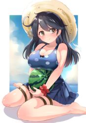  absurdres barefoot black_hair blue_one-piece_swimsuit blue_skirt blush breasts brown_eyes casual_one-piece_swimsuit cleavage closed_mouth cloud commentary_request commission embarrassed feet female festa11307070 food fruit hat highres kantai_collection large_breasts legs long_hair looking_at_viewer one-piece_swimsuit open_mouth outdoors pleated_skirt polka_dot polka_dot_swimsuit scrunchie sitting skeb_commission skirt sky smile solo straw_hat swimsuit thigh_strap tight_clothes toenails toes ushio_(kancolle) ushio_(swimsuit_mode)_(kancolle) wariza watermelon wavy_mouth wrist_scrunchie 