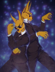  2022 5_fingers alien anthro back_to_back bottomwear canid canine canis clothed clothing digital_media_(artwork) duo eyewear fangs fingers fist front_view fur hi_res jim_(subwoolfer) keith_(subwoolfer) long_ears long_fangs looking_at_another looking_at_viewer male mammal necktie pants pose side_view simple_background smile standing subwoolfer suit suit_jacket sunglasses teeth tres-art wolf yellow_body yellow_fur 