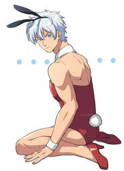  1boy animal_ears annoyed arm_support asada_hachi ass bangs banned_artist bare_shoulders blue_eyes character_request check_character closed_mouth commentary crossdressing detached_collar eyebrows_visible_through_hair fake_animal_ears fake_tail from_behind frown full_body hair_between_eyes high_heels highres kyuuketsuki_sugu_shinu leg_hair leotard looking_at_viewer looking_back male_focus male_playboy_bunny rabbit_ears rabbit_tail red_footwear red_leotard ronaldo_(kyuttetsuki_sugu_shinu) short_hair sitting solo strapless strapless_leotard sweatdrop tail twitter_username wariza watermark white_background white_hair wrist_cuffs 