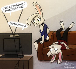  anthro barefoot ben-hur bottomwear clothed clothing davo_(katnay) duo feet female furniture green_eyes helena_(katnay) katnay lagomorph leporid long_ears male mammal pants rabbit shirt short_tail sibling sitting smile sofa television topwear upside-down watching_tv worn_down_children 