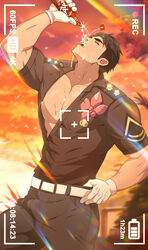  1boy absurdres alternate_pectoral_size axis_powers_hetalia bara belt black_hair black_pants bottle buttons drinking gloves highres holding holding_bottle indonesia_(hetalia) large_pectorals looking_at_viewer male_focus mazjojo muscular muscular_male nipple_slip nipples open_mouth outdoors pants partially_unbuttoned pectoral_cleavage pectorals pouring pouring_onto_self recording shirt short_hair solo sunset viewfinder wet wet_clothes white_belt white_gloves white_shirt 