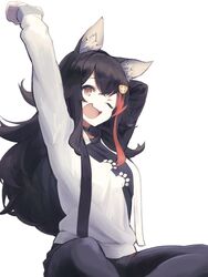  ;d animal_ears arm_up bad_id bad_twitter_id black_hair commentary female hair_between_eyes hair_ornament highres hololive long_hair long_sleeves multicolored_hair oerba_yun_fang official_alternate_costume one_eye_closed ookami_mio ookami_mio_(casual) open_mouth orange_eyes red_hair shirt simple_background skin_fang sleeves_past_wrists smile solo streaked_hair tamasa_yamoto virtual_youtuber white_background white_shirt wolf_ears wolf_girl yawning 